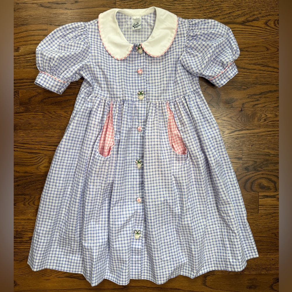 Vintage Judy Lynn Girls Blue Pink Gingham Dress Peter Pan Collar Made in USA 6
